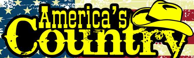 America's Country in Stylized Text with a Cowboy Hat on an American Flag Background